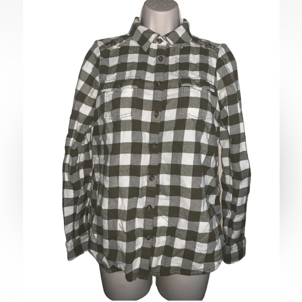 Women’s Aventura Plaid Button Up Long Sleeve Olive Green Sz S Embroidery Flowers